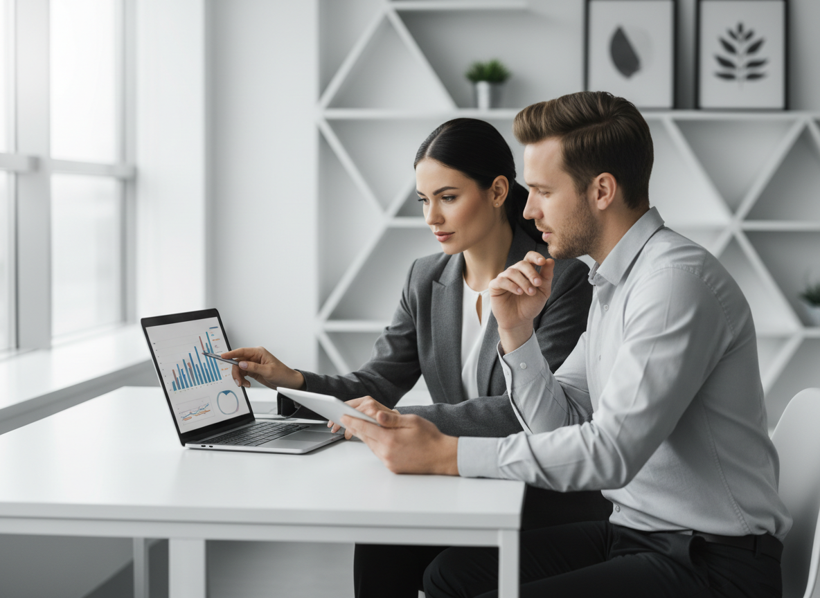 Professional business photograph of two colleagues reviewing e-commerce analytics on a laptop and tablet in a clean minimalist modern office, soft natural daylight, neutral charcoal and white tones, focused and confident mood, corporate and refined, no visible text on screens, no logos