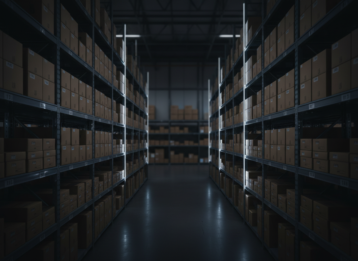 Wide cinematic corporate photograph of a modern e-commerce fulfillment and logistics operation, dark and moody atmosphere with deep charcoal and near-black tones, warehouse shelving with neatly packaged brown boxes bathed in dramatic low light, subtle cool accent lighting, shallow depth of field, professional and authoritative mood, no text or logos